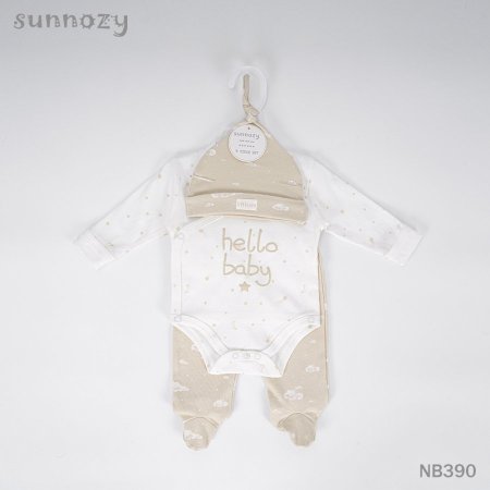 طقم بيبي 3 قطع hello baby بيج